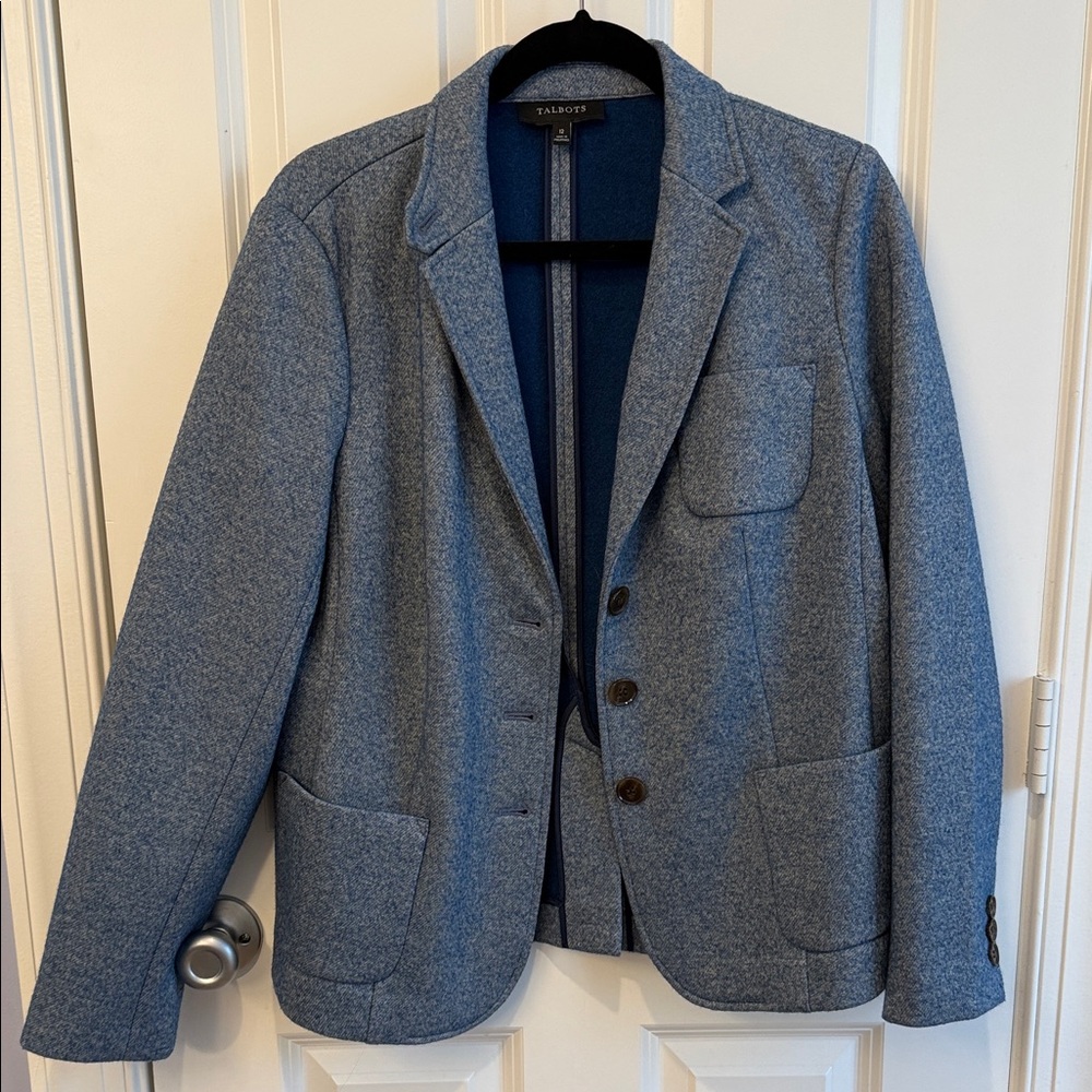 Talbots Womens Blue Heather Wool Blend Equestrian 3 Button Blazer Jacket Size 12